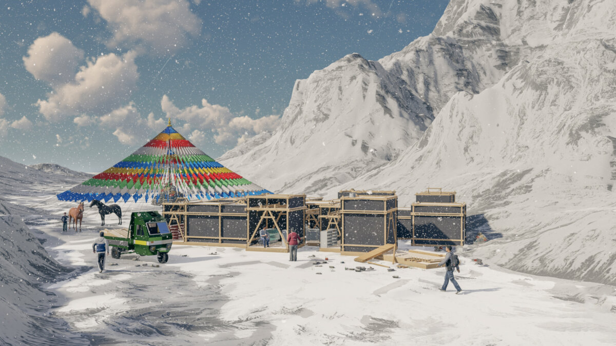 Encamp section rendering of temporary shelter for pilgrims and tourists in Tibet