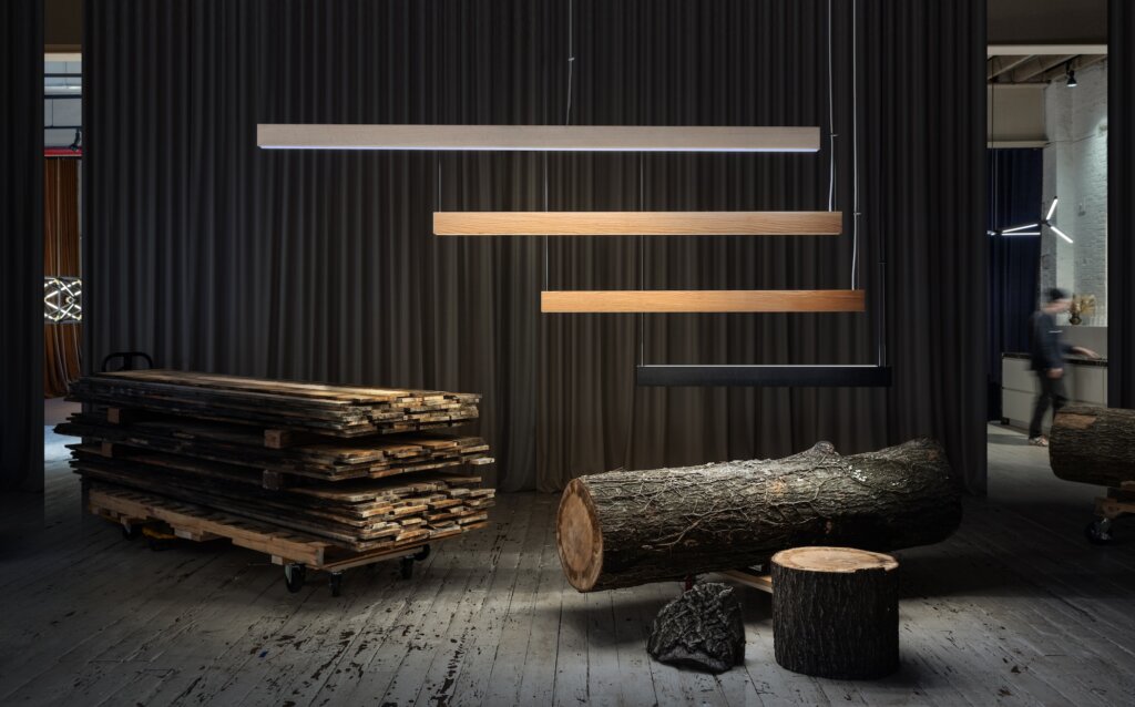 The Treeline lighting fixture by Stickbulb, which is made using wood from fallen New York City trees.