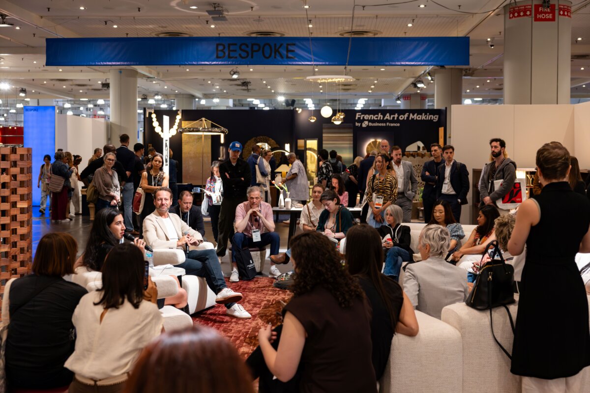 Bespoke section of ICFF 2025 with a large crowd gathered for an intimate talk