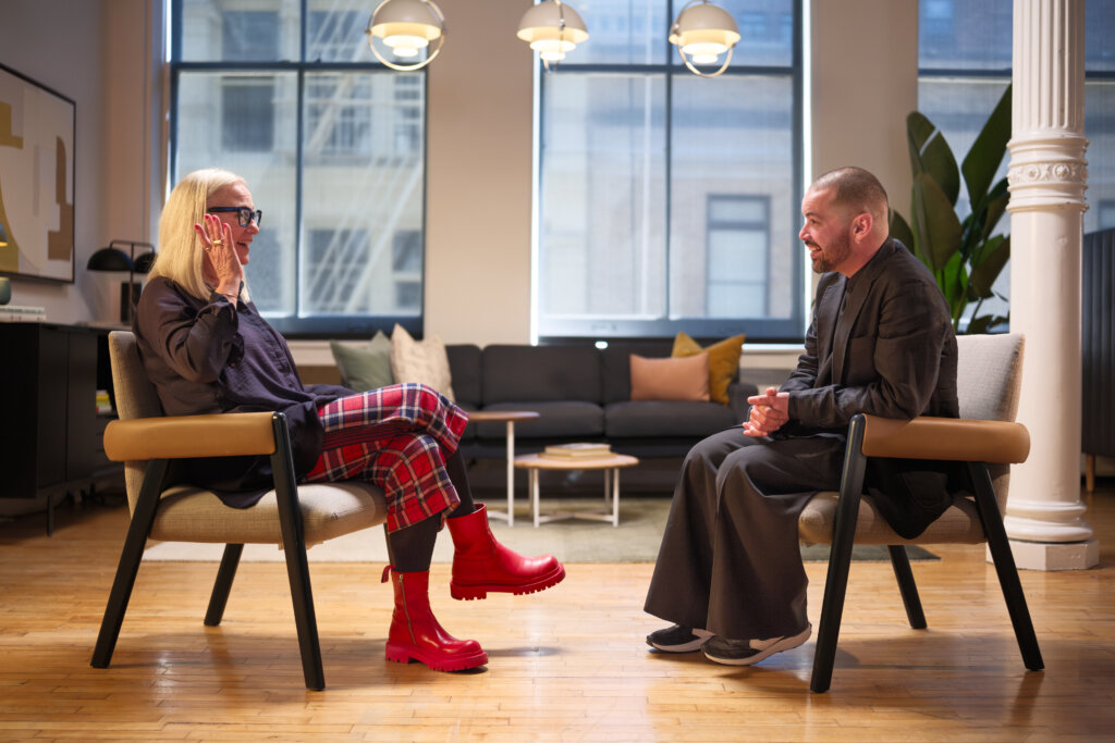 Ghislaine Viñas and Rodolfo Agrella in conversation during the first episode of Designers on Design produced by ROOM