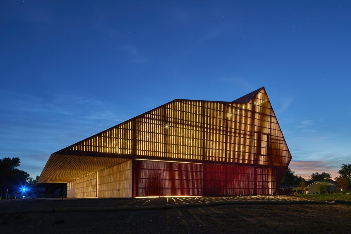 Barn lit-up at night
