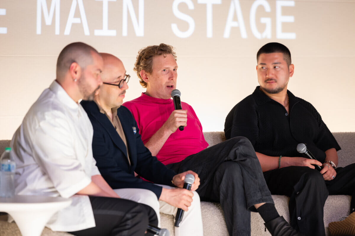Rodolfo Agrella, Stefano Giussani, Jon Thorson, and Ian Yang on stage at ICFF 2026; The Future is Original: Design Leadership in an Age of Dupes