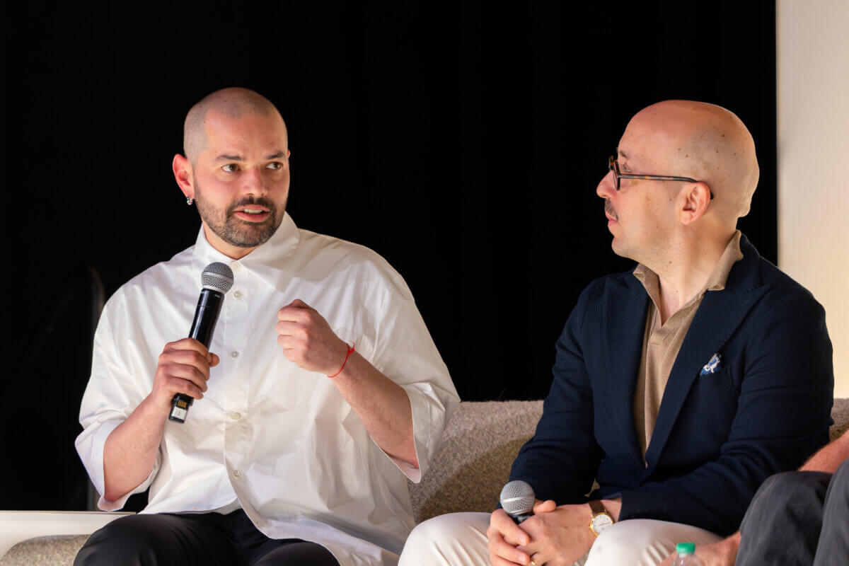 Rodolfo Agrella speaking on stage at ICFF 2026; The Future is Original
