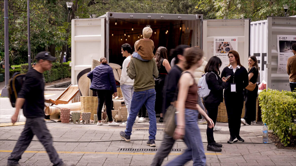 People walking the outdoor space during Design Week Mexico
