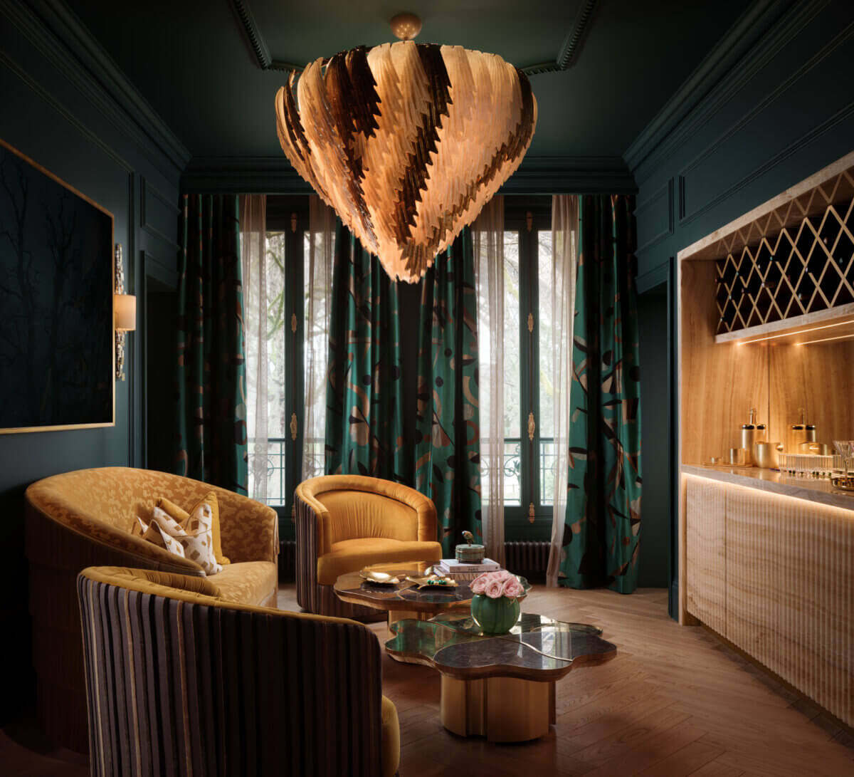 A living area designed by Mark Howorth: dark navy walls, with a wine nook and couches that contrast with mustard colors.
