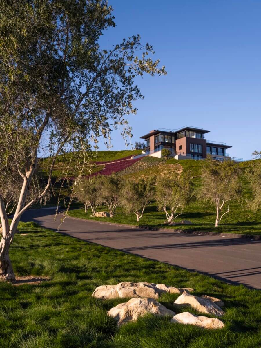 Modern hillside residence with dark-framed windows and warm-toned exterior panels, set among landscaped green slopes and young trees. A curving driveway and large foreground tree frame the home beneath a clear blue sky.